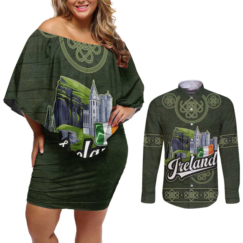 Celtic Ireland Couples Matching Off Shoulder Short Dress and Long Sleeve Button Shirt with Irish Flag Castle and Knotwork Design
