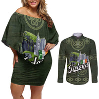 Celtic Ireland Couples Matching Off Shoulder Short Dress and Long Sleeve Button Shirt with Irish Flag Castle and Knotwork Design