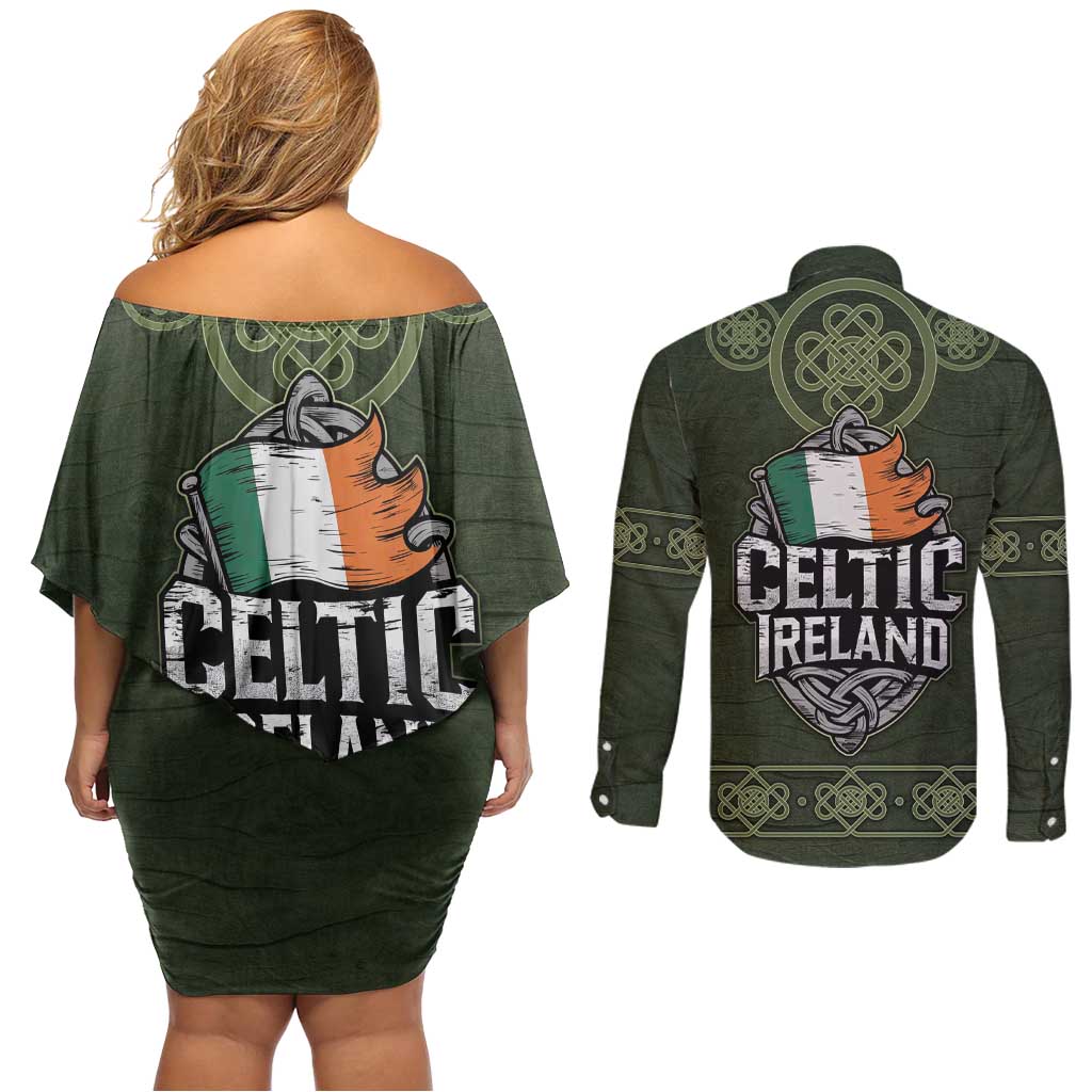 Celtic Ireland Couples Matching Off Shoulder Short Dress and Long Sleeve Button Shirt with Irish Flag Castle and Knotwork Design