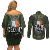 Celtic Ireland Couples Matching Off Shoulder Short Dress and Long Sleeve Button Shirt with Irish Flag Castle and Knotwork Design
