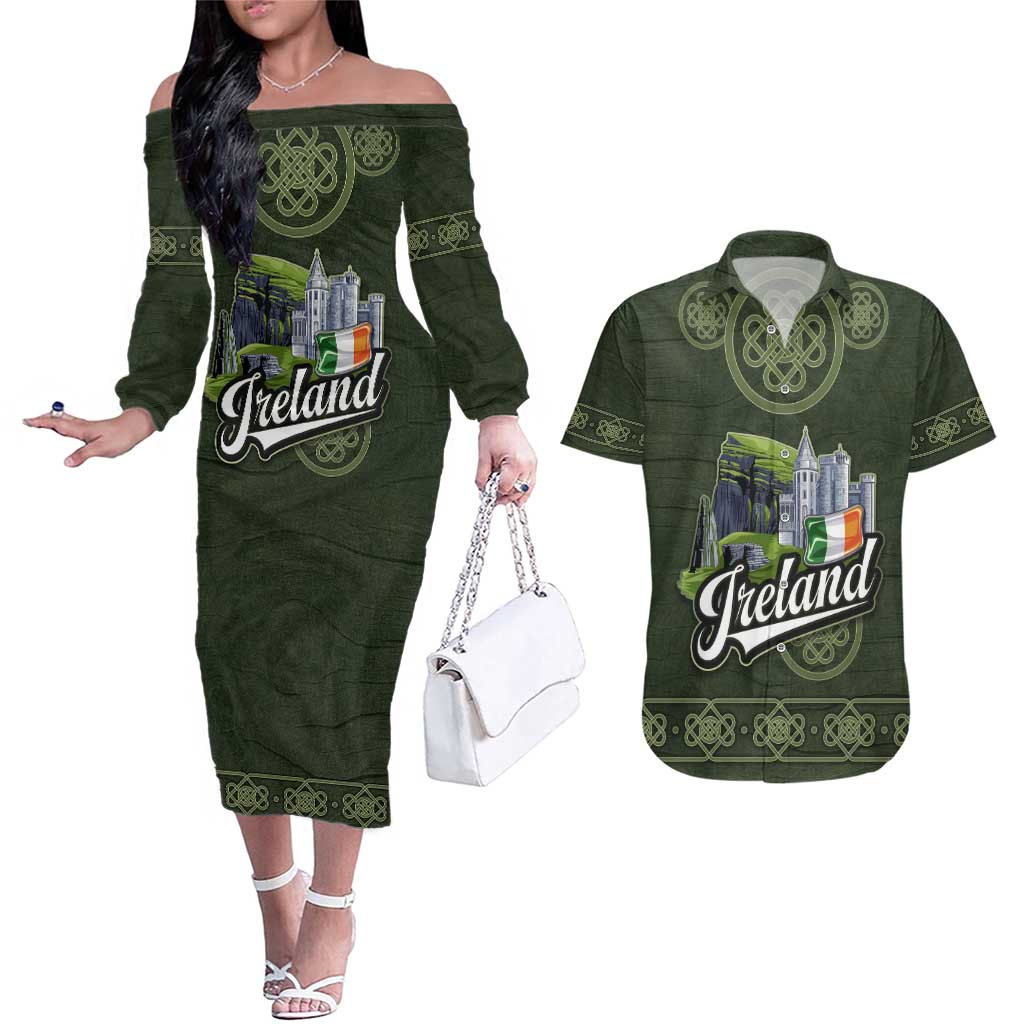 Celtic Ireland Couples Matching Off The Shoulder Long Sleeve Dress and Hawaiian Shirt with Irish Flag Castle and Knotwork Design