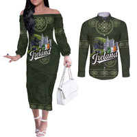 Celtic Ireland Couples Matching Off The Shoulder Long Sleeve Dress and Long Sleeve Button Shirt with Irish Flag Castle and Knotwork Design