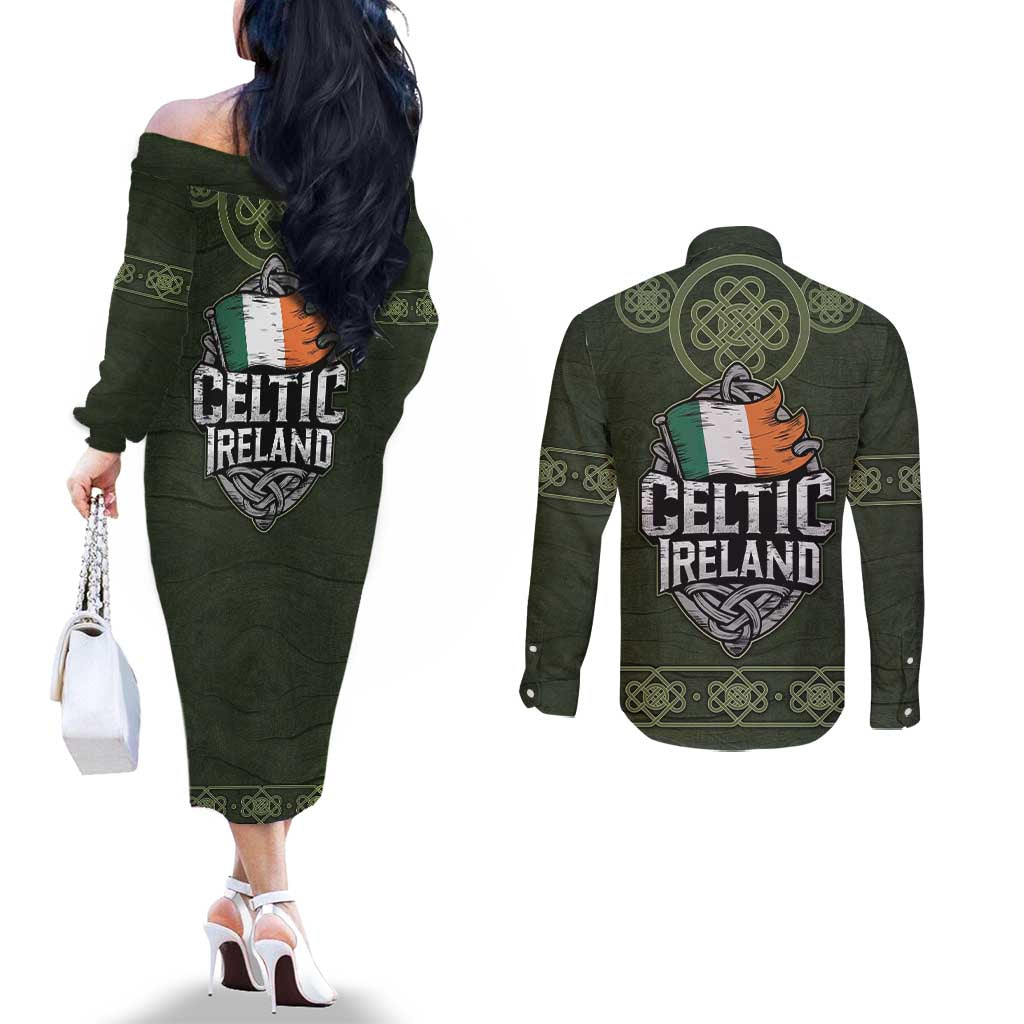 Celtic Ireland Couples Matching Off The Shoulder Long Sleeve Dress and Long Sleeve Button Shirt with Irish Flag Castle and Knotwork Design