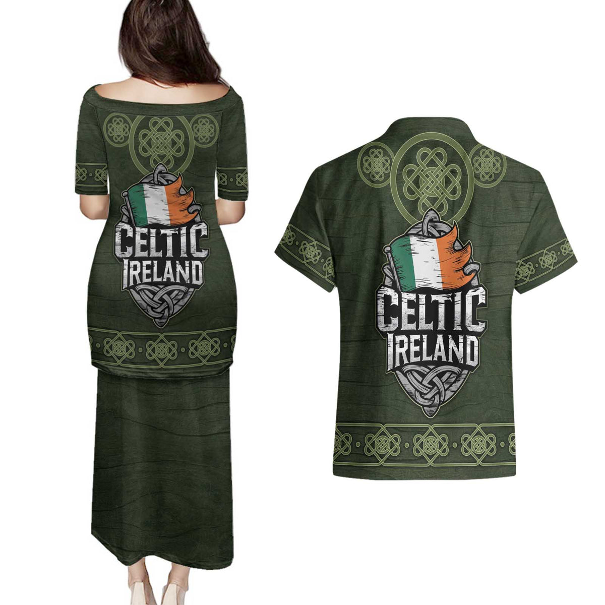 Celtic Ireland Couples Matching Puletasi and Hawaiian Shirt with Irish Flag Castle and Knotwork Design