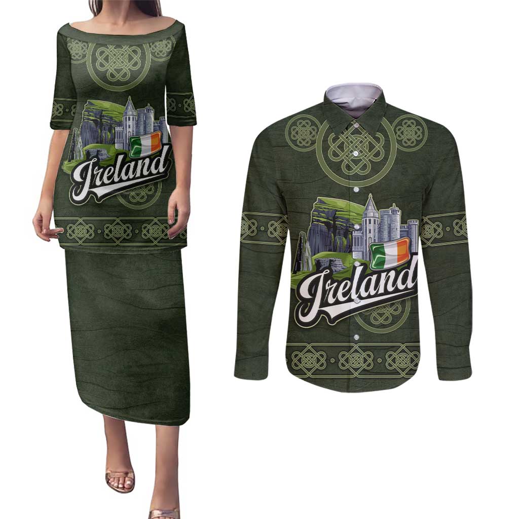 Celtic Ireland Couples Matching Puletasi and Long Sleeve Button Shirt with Irish Flag Castle and Knotwork Design
