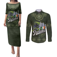 Celtic Ireland Couples Matching Puletasi and Long Sleeve Button Shirt with Irish Flag Castle and Knotwork Design