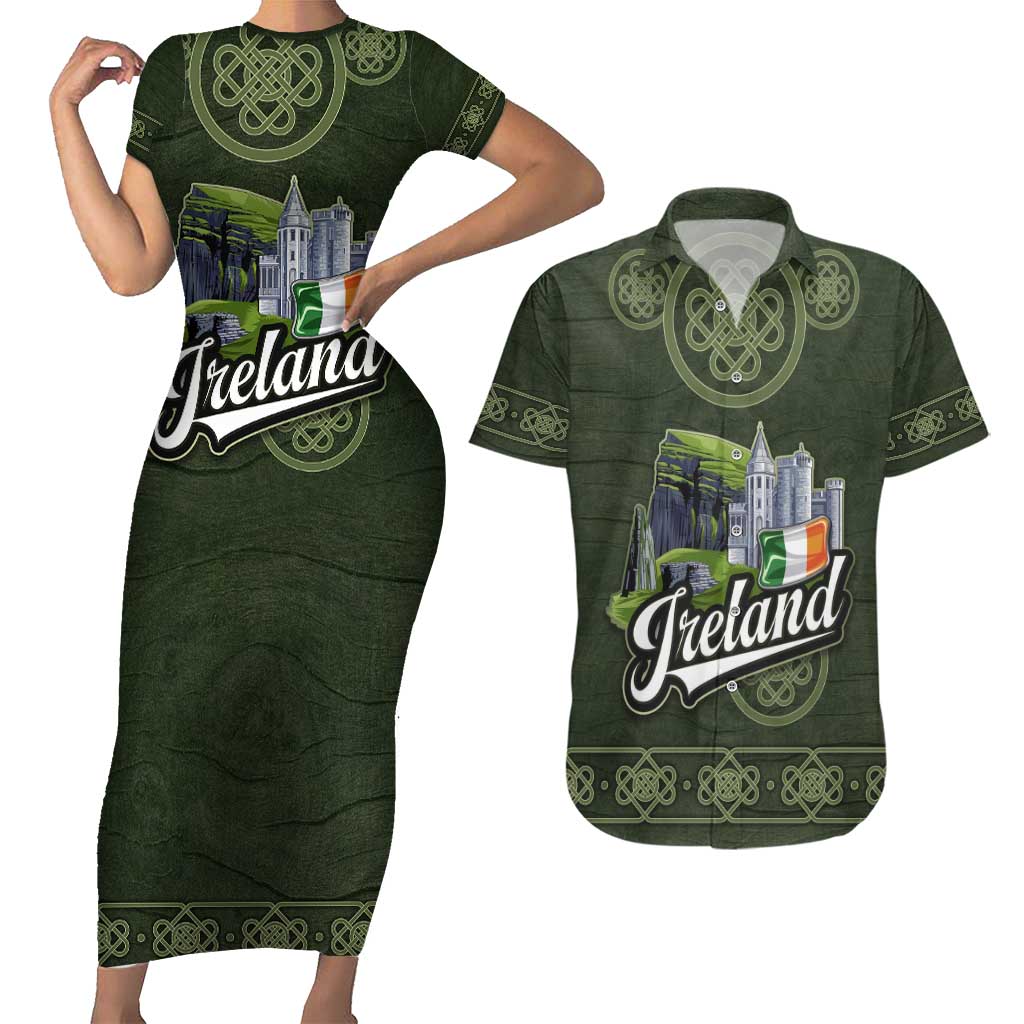 Celtic Ireland Couples Matching Short Sleeve Bodycon Dress and Hawaiian Shirt with Irish Flag Castle and Knotwork Design