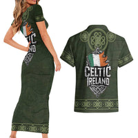 Celtic Ireland Couples Matching Short Sleeve Bodycon Dress and Hawaiian Shirt with Irish Flag Castle and Knotwork Design