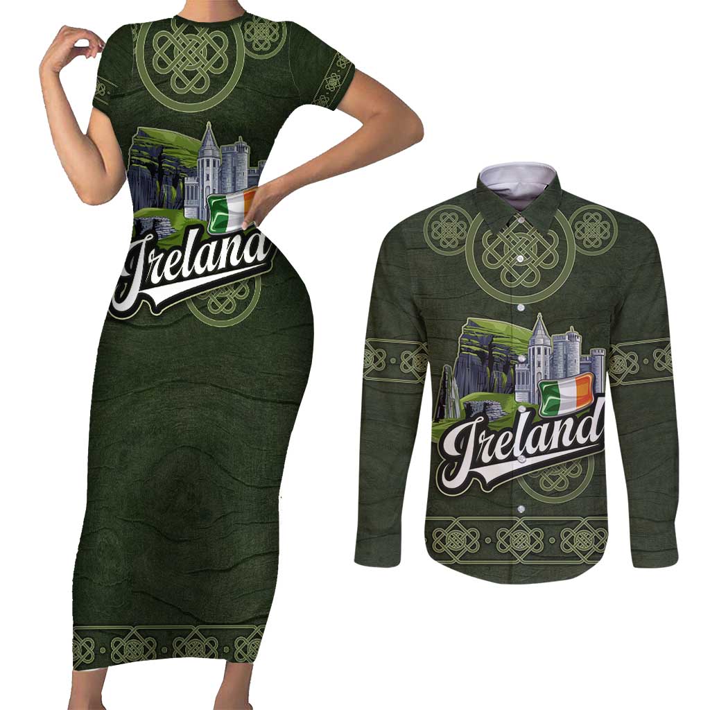 Celtic Ireland Couples Matching Short Sleeve Bodycon Dress and Long Sleeve Button Shirt with Irish Flag Castle and Knotwork Design