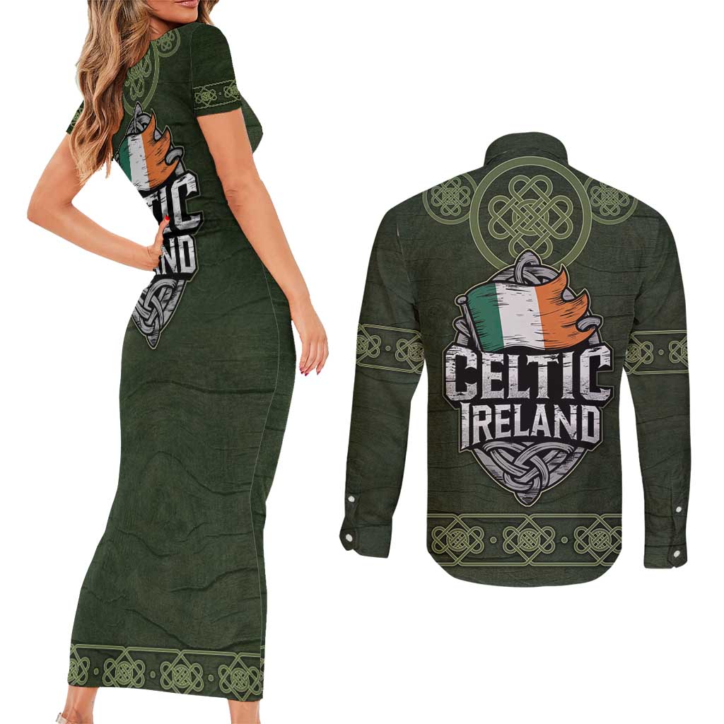 Celtic Ireland Couples Matching Short Sleeve Bodycon Dress and Long Sleeve Button Shirt with Irish Flag Castle and Knotwork Design