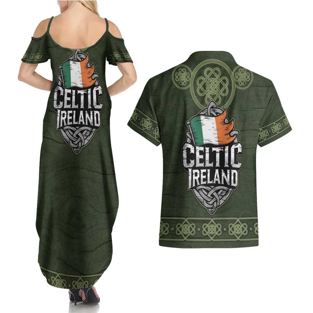 Celtic Ireland Couples Matching Summer Maxi Dress and Hawaiian Shirt with Irish Flag Castle and Knotwork Design