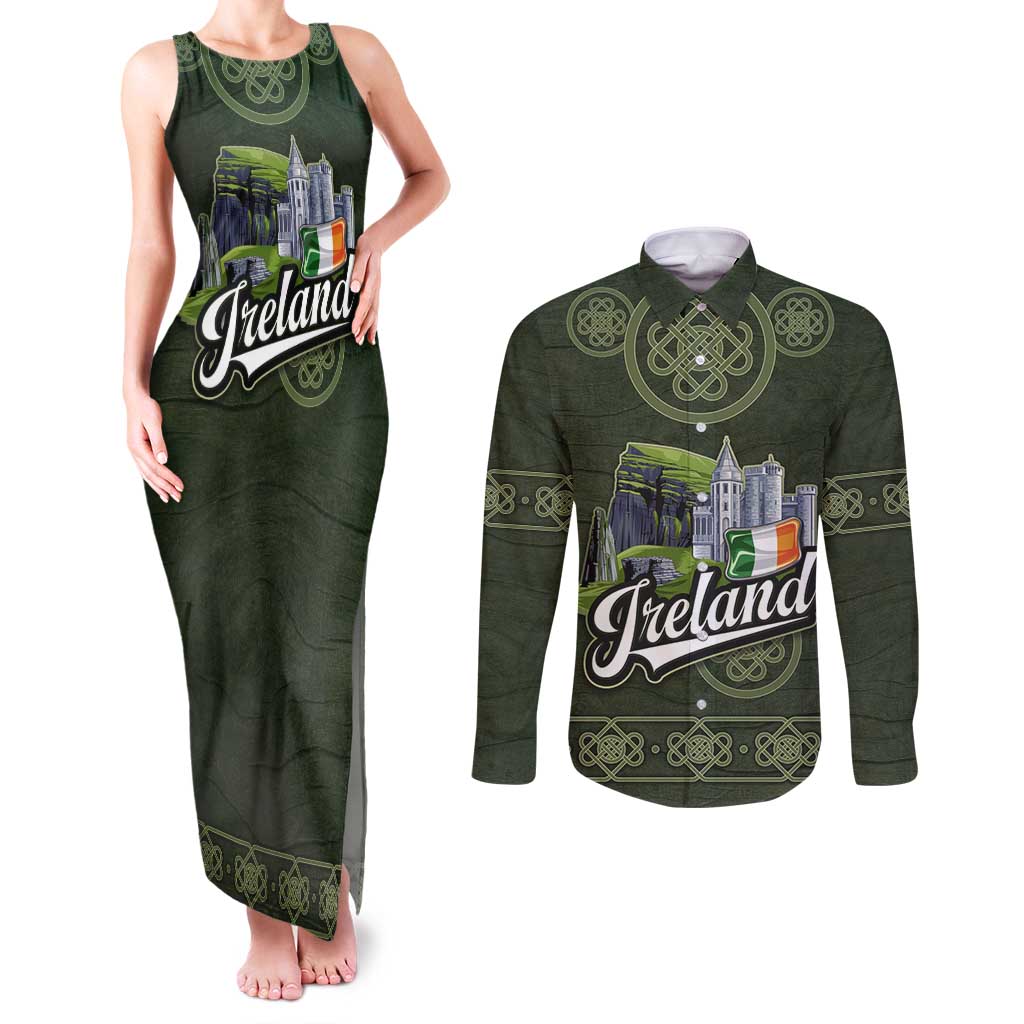 Celtic Ireland Couples Matching Tank Maxi Dress and Long Sleeve Button Shirt with Irish Flag Castle and Knotwork Design