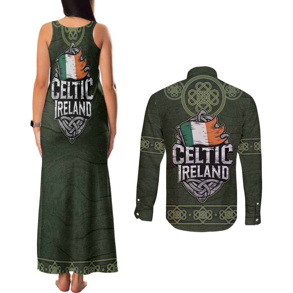 Celtic Ireland Couples Matching Tank Maxi Dress and Long Sleeve Button Shirt with Irish Flag Castle and Knotwork Design
