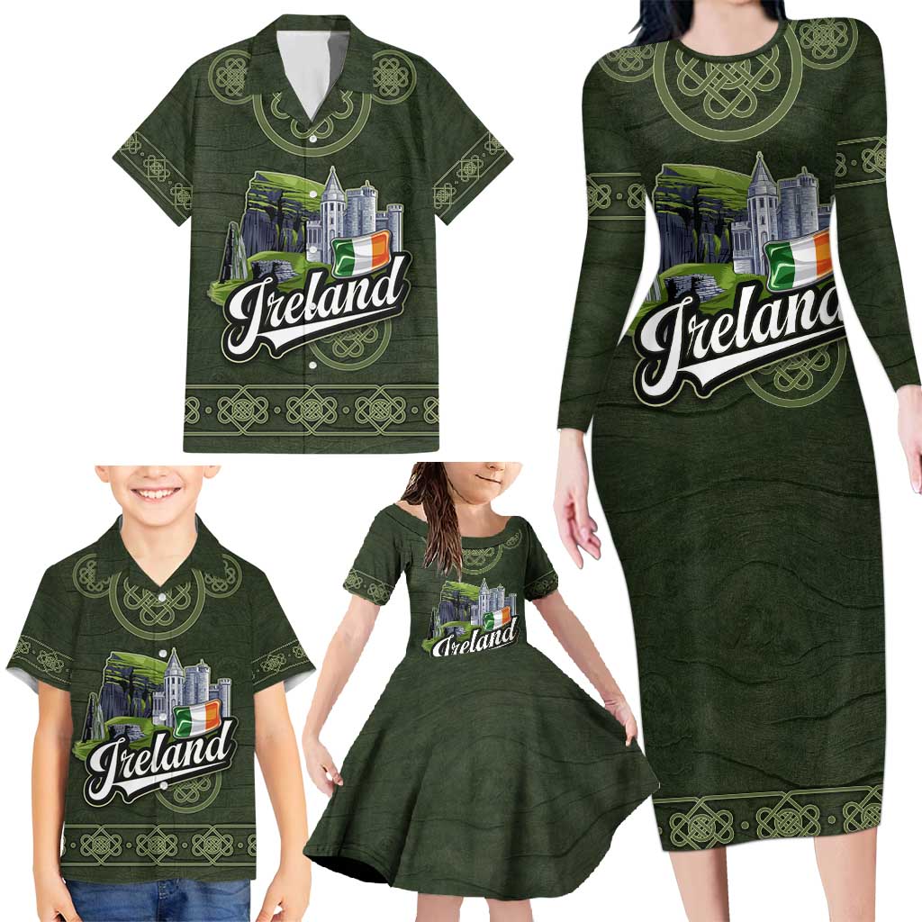 Celtic Ireland Family Matching Long Sleeve Bodycon Dress and Hawaiian Shirt with Irish Flag Castle and Knotwork Design
