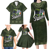 Celtic Ireland Family Matching Long Sleeve Bodycon Dress and Hawaiian Shirt with Irish Flag Castle and Knotwork Design
