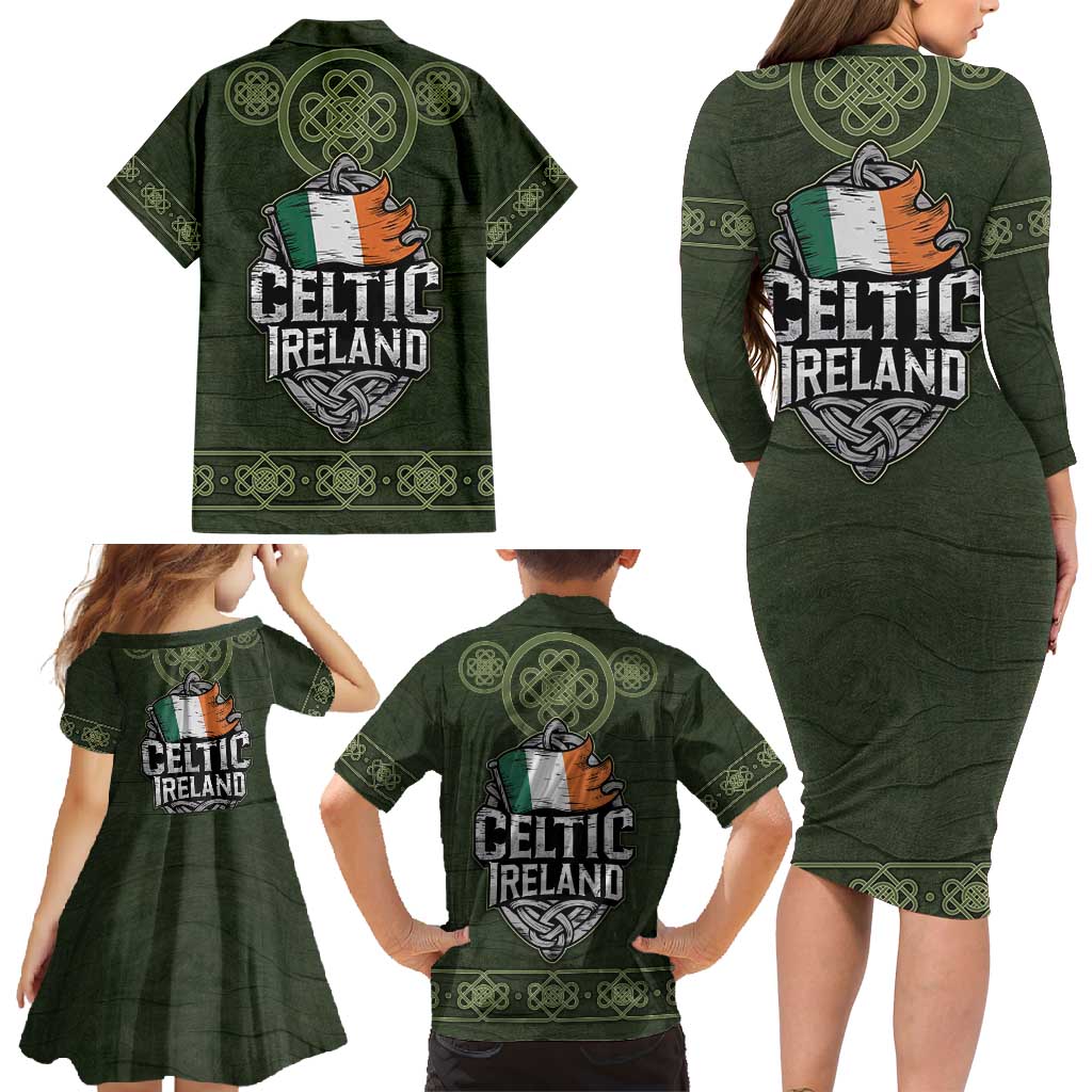 Celtic Ireland Family Matching Long Sleeve Bodycon Dress and Hawaiian Shirt with Irish Flag Castle and Knotwork Design