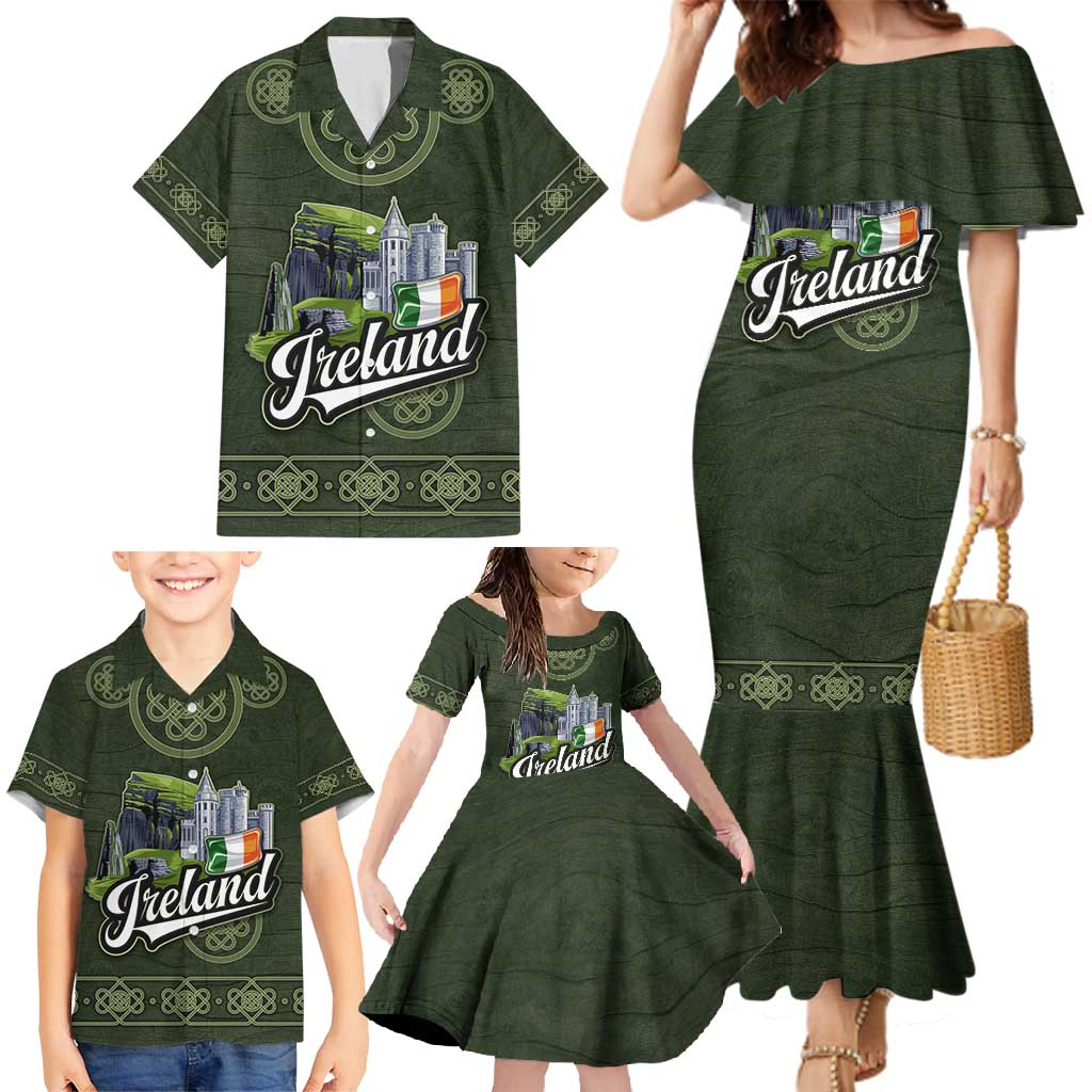 Celtic Ireland Family Matching Mermaid Dress and Hawaiian Shirt with Irish Flag Castle and Knotwork Design