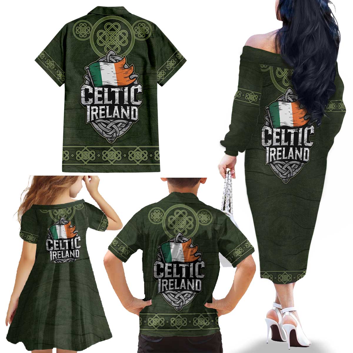 Celtic Ireland Family Matching Off The Shoulder Long Sleeve Dress and Hawaiian Shirt with Irish Flag Castle and Knotwork Design