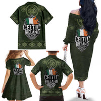 Celtic Ireland Family Matching Off The Shoulder Long Sleeve Dress and Hawaiian Shirt with Irish Flag Castle and Knotwork Design
