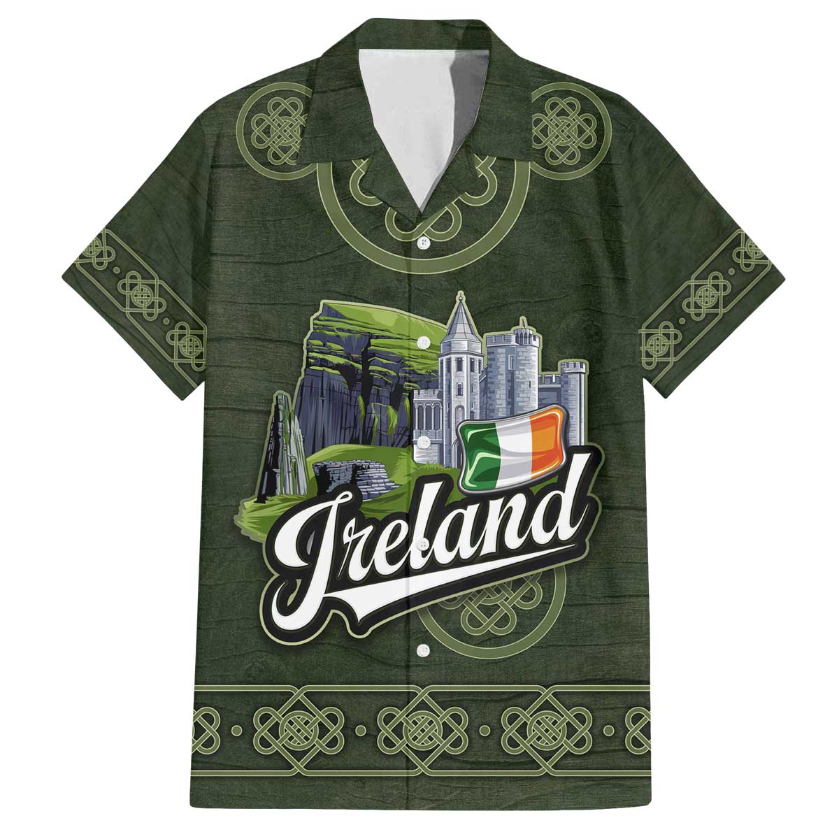 Celtic Ireland Family Matching Off The Shoulder Long Sleeve Dress and Hawaiian Shirt with Irish Flag Castle and Knotwork Design