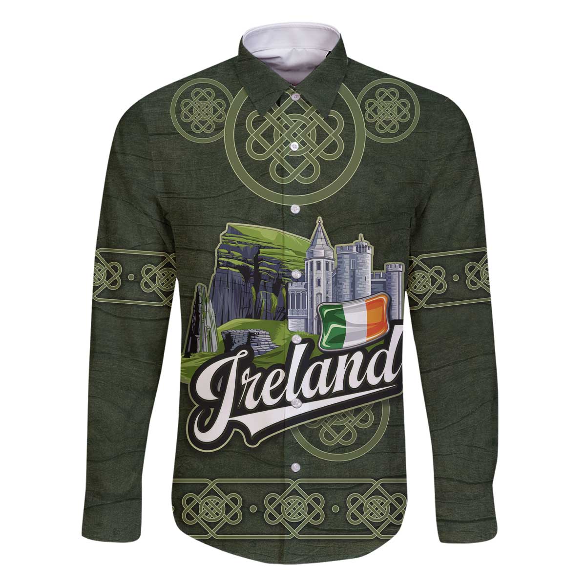 Celtic Ireland Family Matching Off The Shoulder Long Sleeve Dress and Hawaiian Shirt with Irish Flag Castle and Knotwork Design