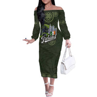 Celtic Ireland Family Matching Off The Shoulder Long Sleeve Dress and Hawaiian Shirt with Irish Flag Castle and Knotwork Design
