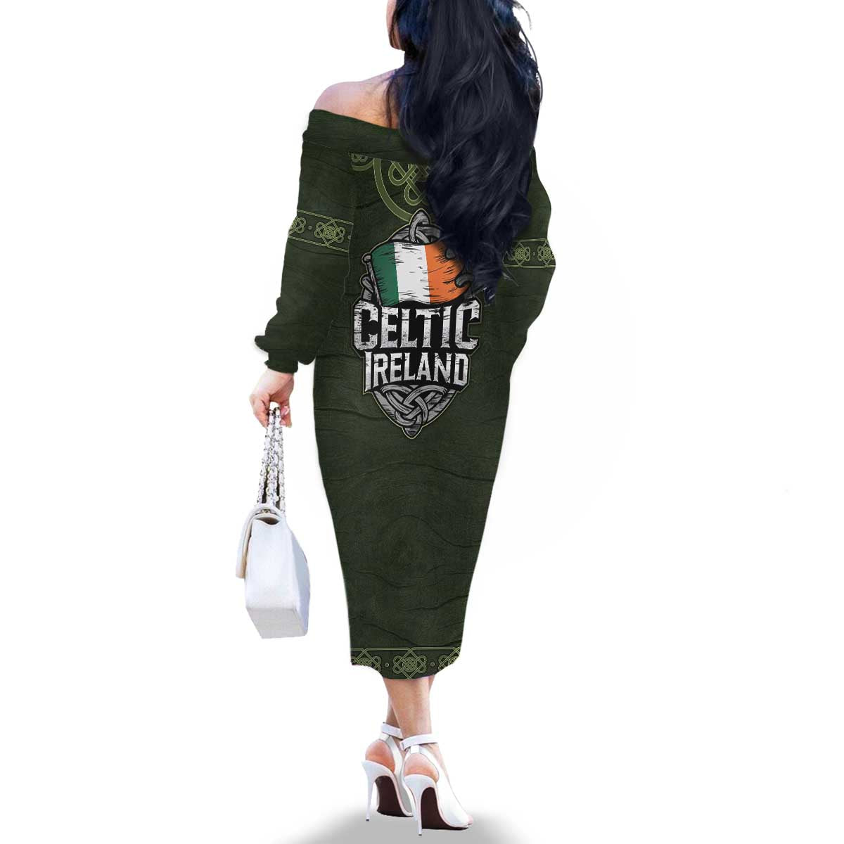 Celtic Ireland Family Matching Off The Shoulder Long Sleeve Dress and Hawaiian Shirt with Irish Flag Castle and Knotwork Design