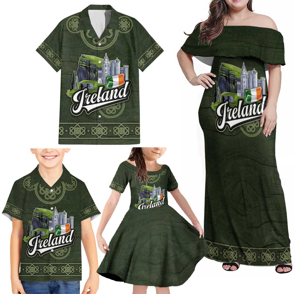 Celtic Ireland Family Matching Off Shoulder Maxi Dress and Hawaiian Shirt with Irish Flag Castle and Knotwork Design