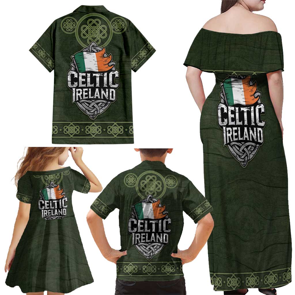 Celtic Ireland Family Matching Off Shoulder Maxi Dress and Hawaiian Shirt with Irish Flag Castle and Knotwork Design