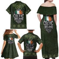Celtic Ireland Family Matching Off Shoulder Maxi Dress and Hawaiian Shirt with Irish Flag Castle and Knotwork Design