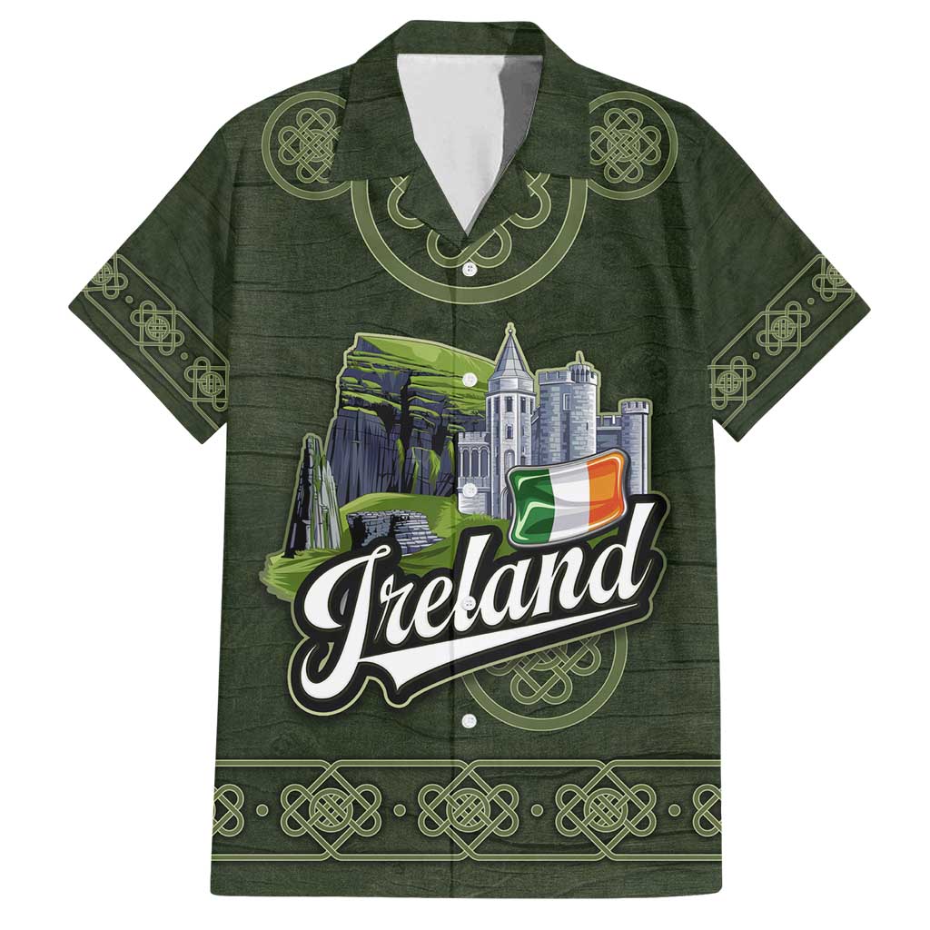 Celtic Ireland Family Matching Off Shoulder Maxi Dress and Hawaiian Shirt with Irish Flag Castle and Knotwork Design