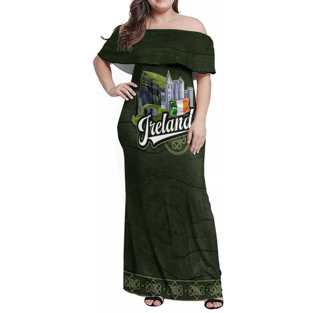 Celtic Ireland Family Matching Off Shoulder Maxi Dress and Hawaiian Shirt with Irish Flag Castle and Knotwork Design