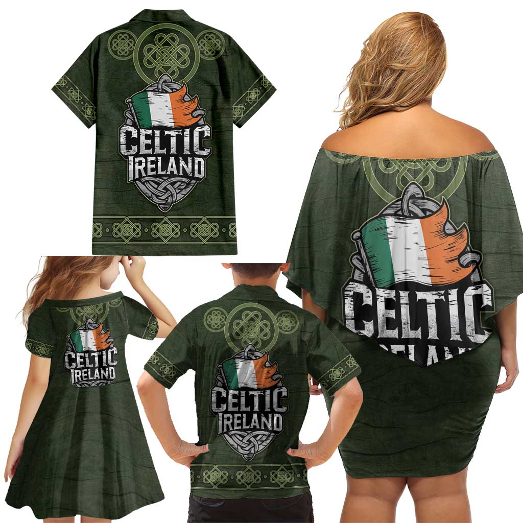 Celtic Ireland Family Matching Off Shoulder Short Dress and Hawaiian Shirt with Irish Flag Castle and Knotwork Design