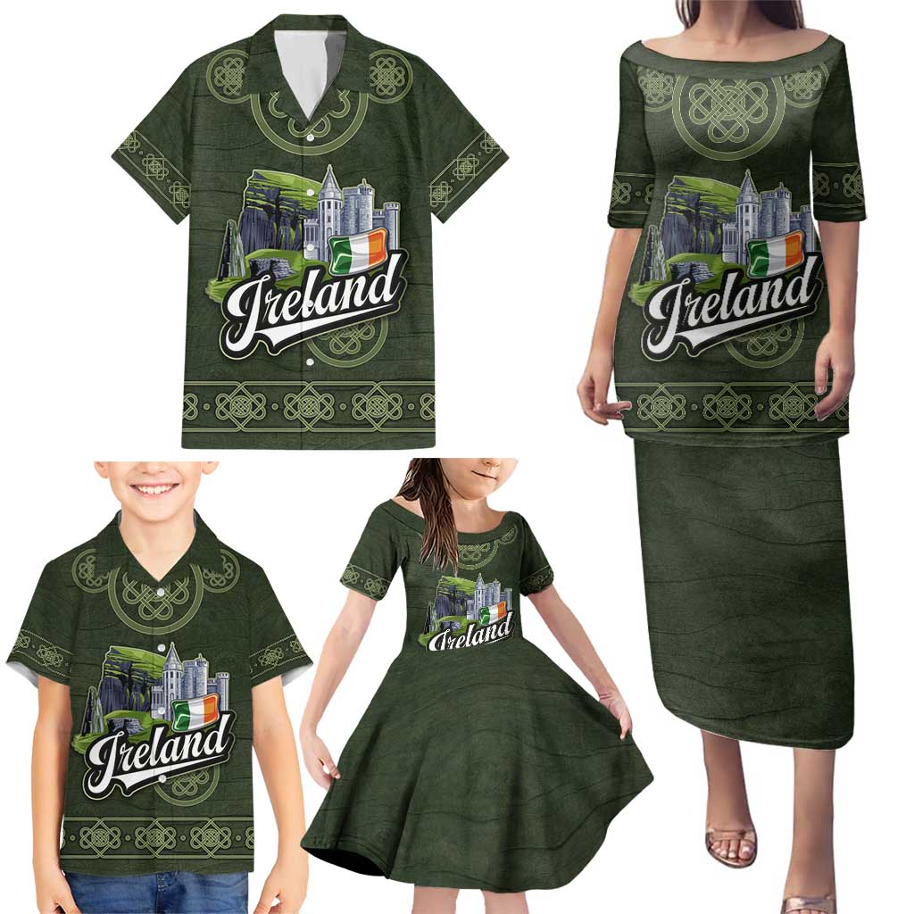 Celtic Ireland Family Matching Puletasi and Hawaiian Shirt with Irish Flag Castle and Knotwork Design