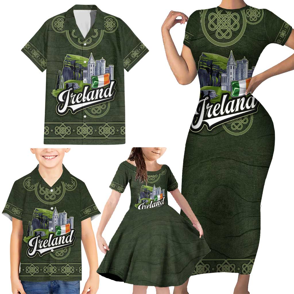 Celtic Ireland Family Matching Short Sleeve Bodycon Dress and Hawaiian Shirt with Irish Flag Castle and Knotwork Design