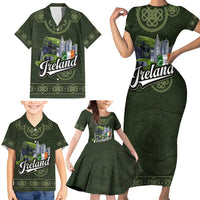 Celtic Ireland Family Matching Short Sleeve Bodycon Dress and Hawaiian Shirt with Irish Flag Castle and Knotwork Design