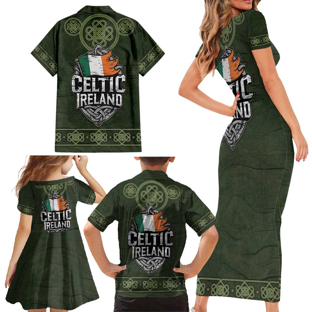 Celtic Ireland Family Matching Short Sleeve Bodycon Dress and Hawaiian Shirt with Irish Flag Castle and Knotwork Design