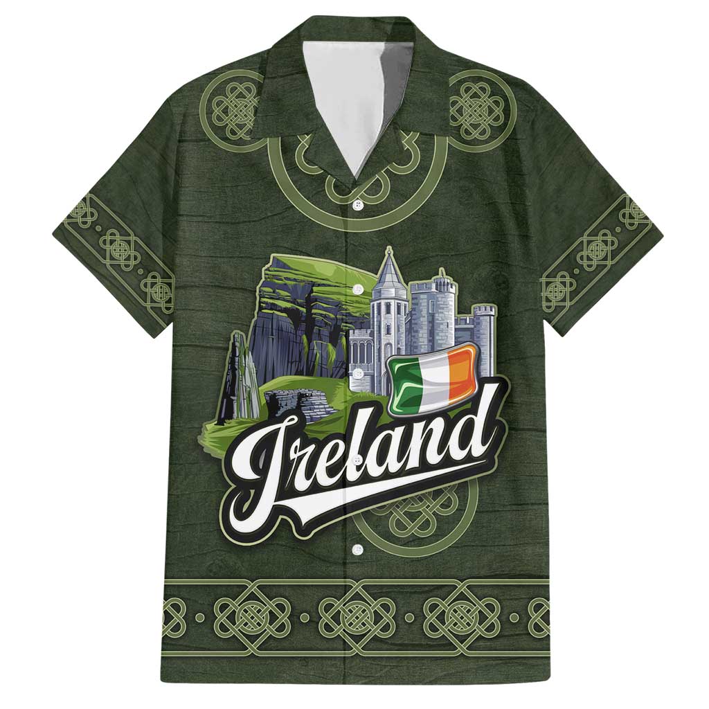 Celtic Ireland Family Matching Short Sleeve Bodycon Dress and Hawaiian Shirt with Irish Flag Castle and Knotwork Design