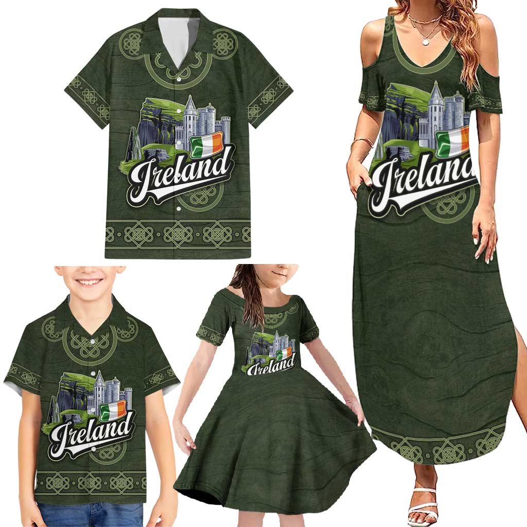 Celtic Ireland Family Matching Summer Maxi Dress and Hawaiian Shirt with Irish Flag Castle and Knotwork Design