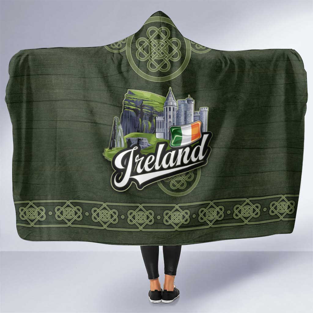 Celtic Ireland Hooded Blanket with Irish Flag Castle and Knotwork Design
