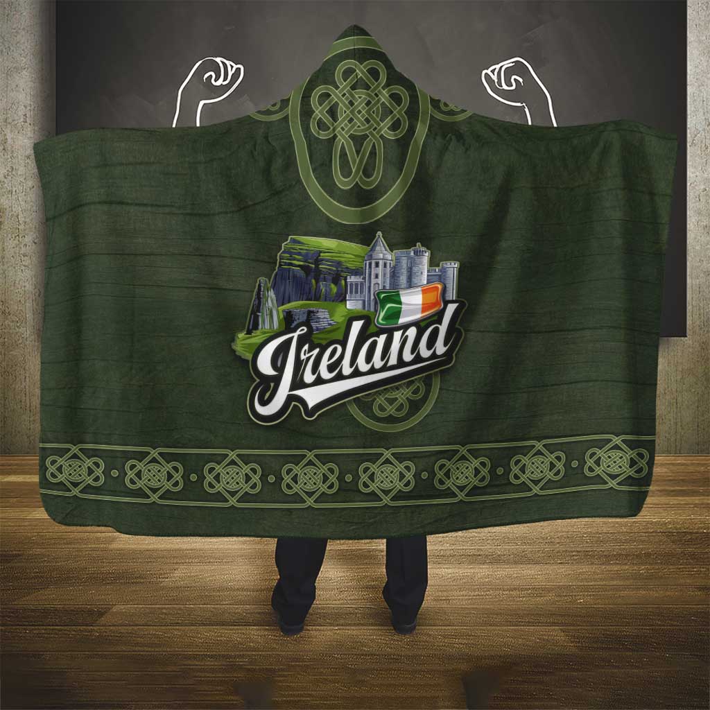 Celtic Ireland Hooded Blanket with Irish Flag Castle and Knotwork Design