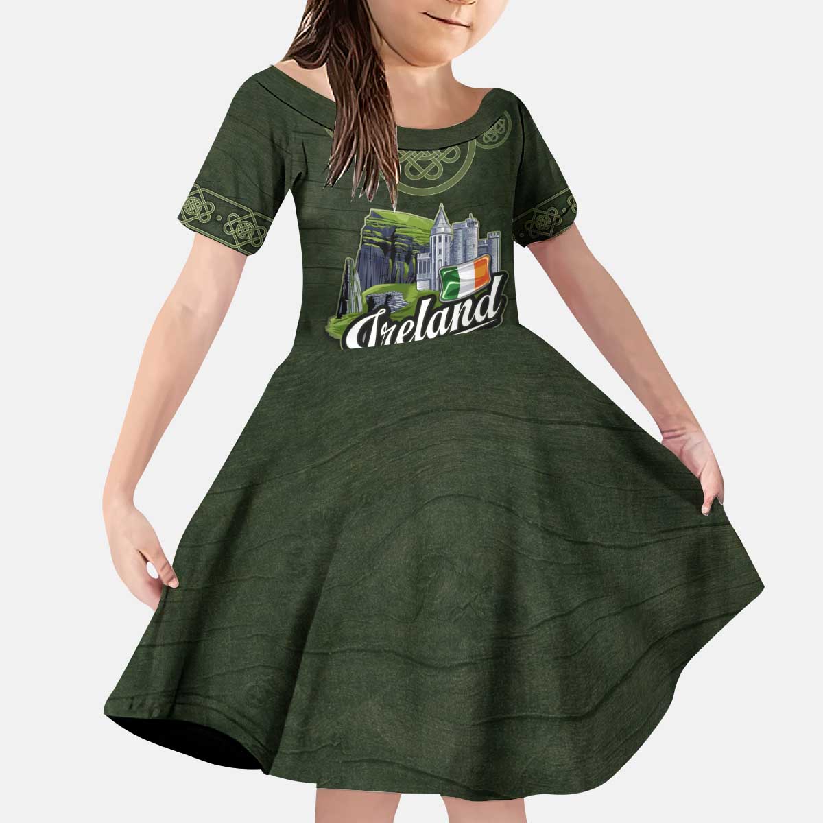 Celtic Ireland Kid Short Sleeve Dress with Irish Flag Castle and Knotwork Design