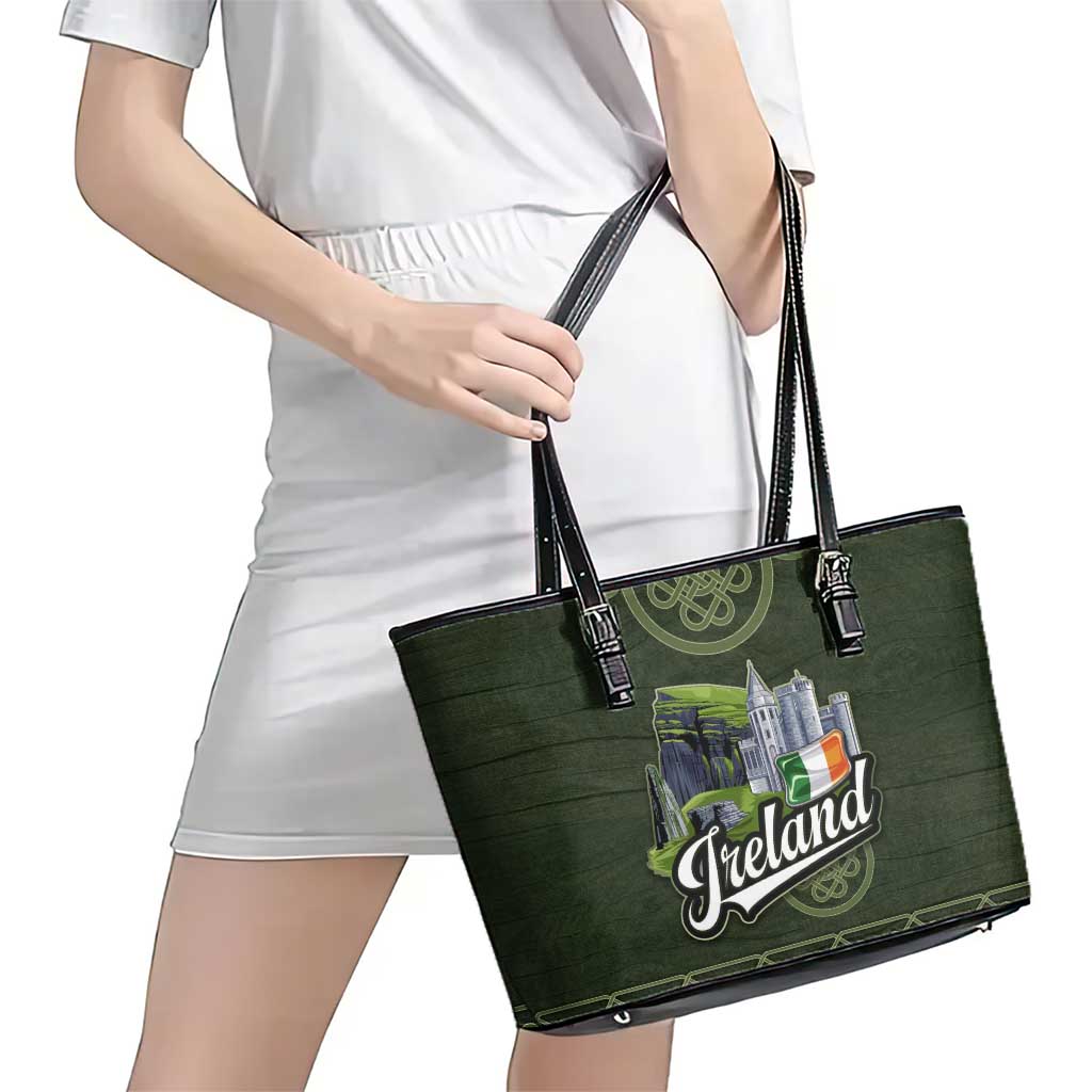 Celtic Ireland Leather Tote Bag with Irish Flag Castle and Knotwork Design