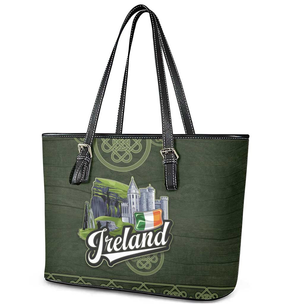 Celtic Ireland Leather Tote Bag with Irish Flag Castle and Knotwork Design