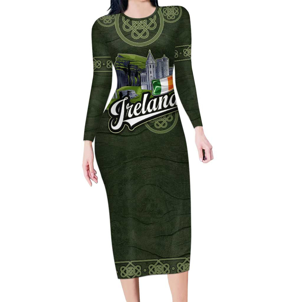 Celtic Ireland Long Sleeve Bodycon Dress with Irish Flag Castle and Knotwork Design