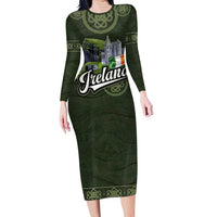 Celtic Ireland Long Sleeve Bodycon Dress with Irish Flag Castle and Knotwork Design