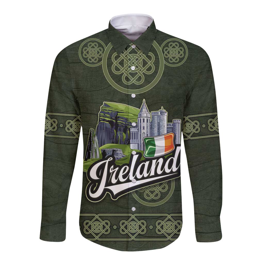Celtic Ireland Long Sleeve Button Shirt with Irish Flag Castle and Knotwork Design