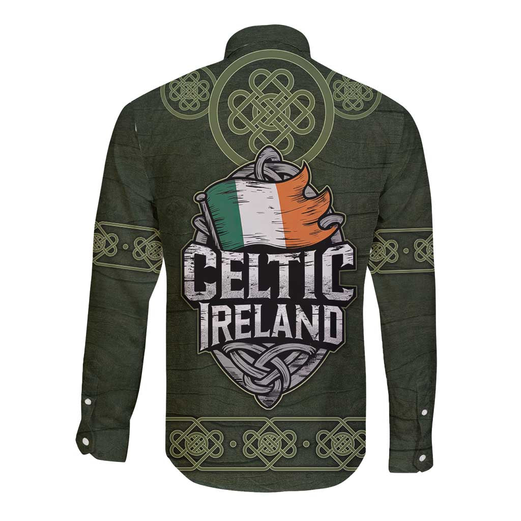 Celtic Ireland Long Sleeve Button Shirt with Irish Flag Castle and Knotwork Design