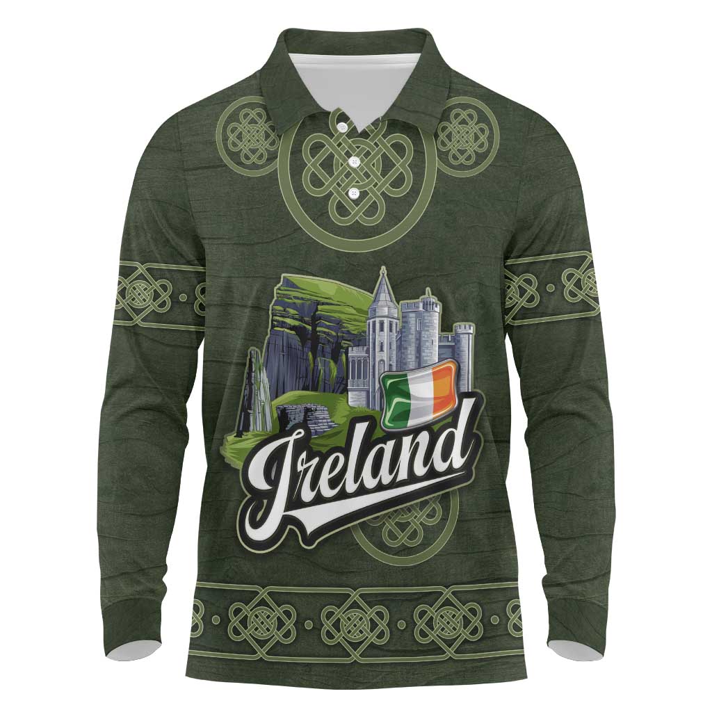 Celtic Ireland Long Sleeve Polo Shirt with Irish Flag Castle and Knotwork Design
