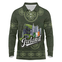 Celtic Ireland Long Sleeve Polo Shirt with Irish Flag Castle and Knotwork Design